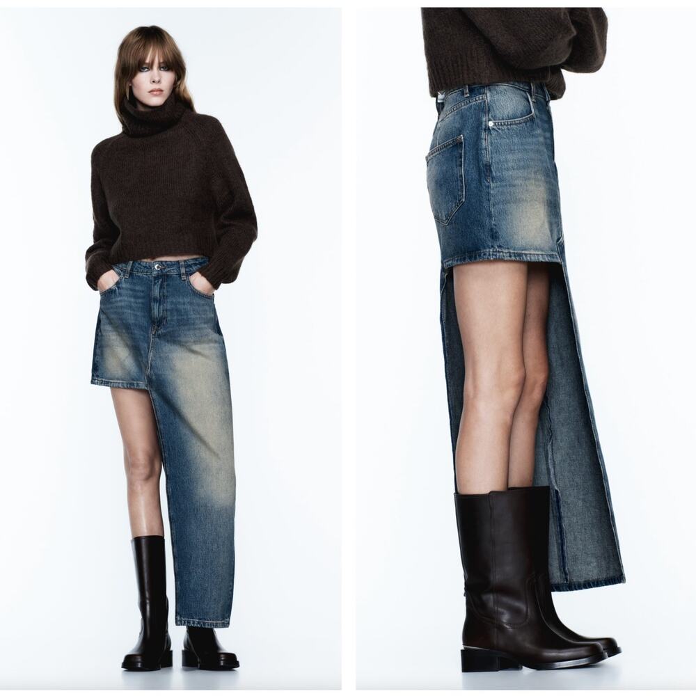 ZARA Asymmetric Denim Mini Maxi Skirt Blogger Favorite Sz S {T11}